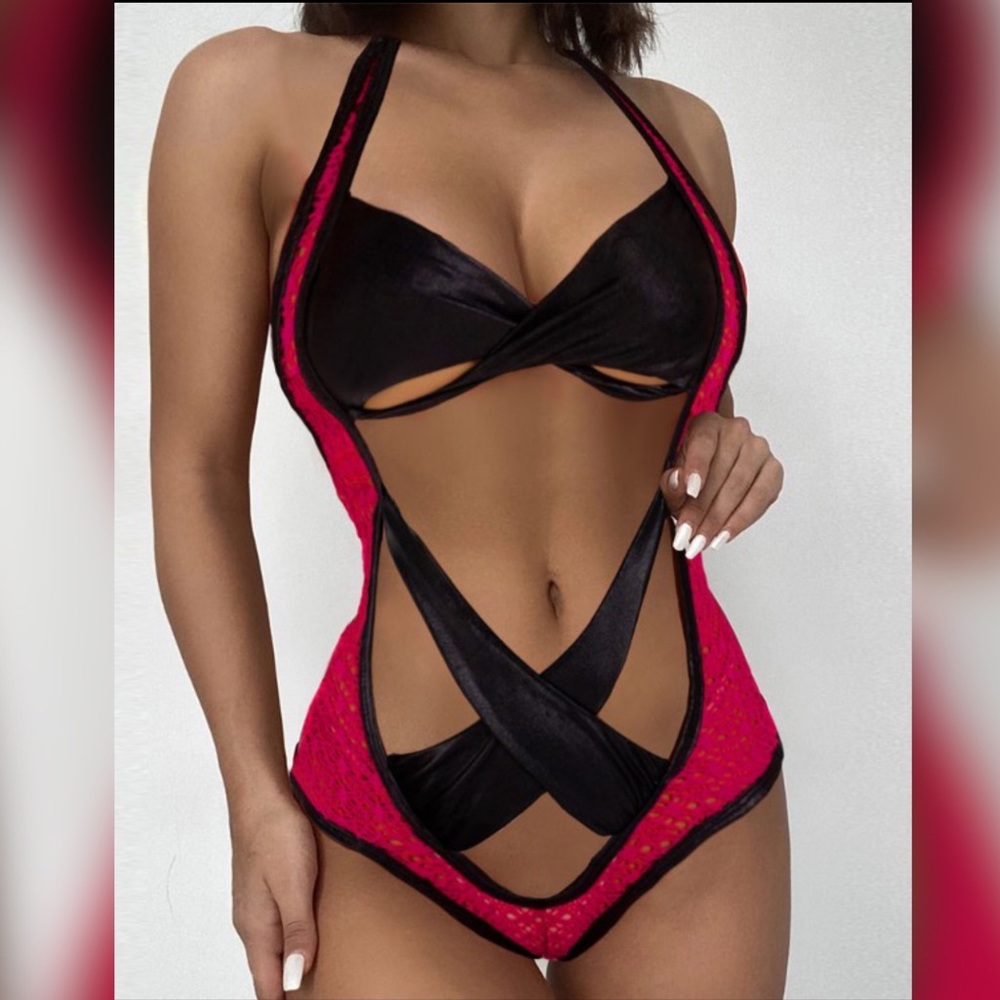 Black and Pink Wet Look Pink Rave Swimsuit Sexy one piece.